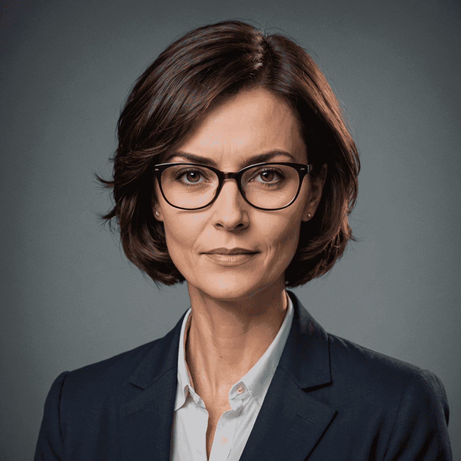 Portrait of Editor-in-Chief Anna Petrova, a woman in her 40s with short dark hair and glasses, wearing a professional blazer