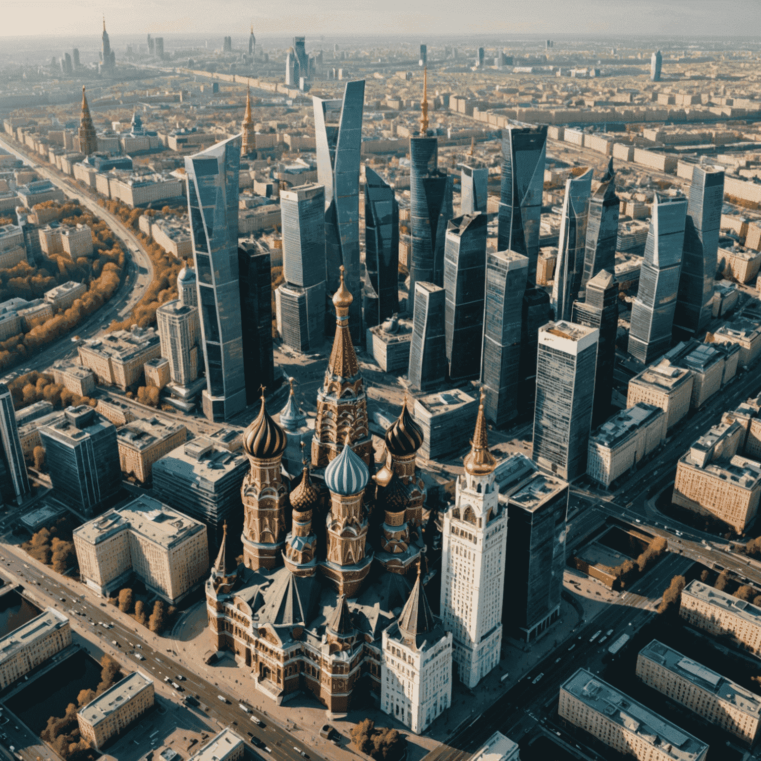 Aerial view of Moscow city skyline with famous landmarks and modern buildings