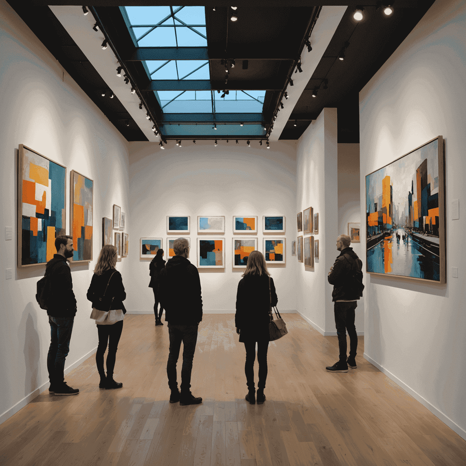 A modern art gallery with abstract paintings depicting urban landscapes. Visitors are seen observing the artworks with interest.