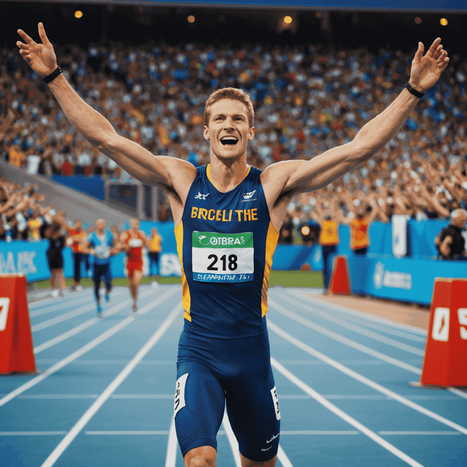 Athlete crossing finish line with arms raised in victory at World Athletics Championships