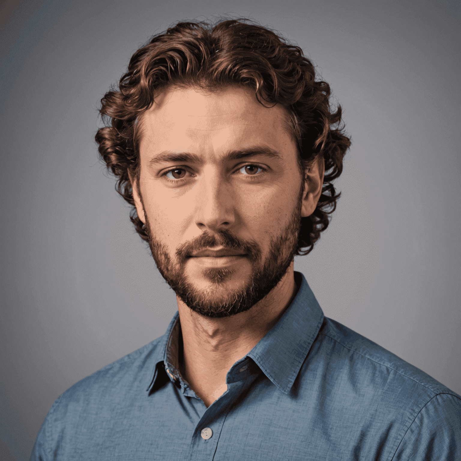 Portrait of Senior Reporter Mikhail Ivanov, a man in his 30s with a beard and curly hair, wearing a casual button-up shirt