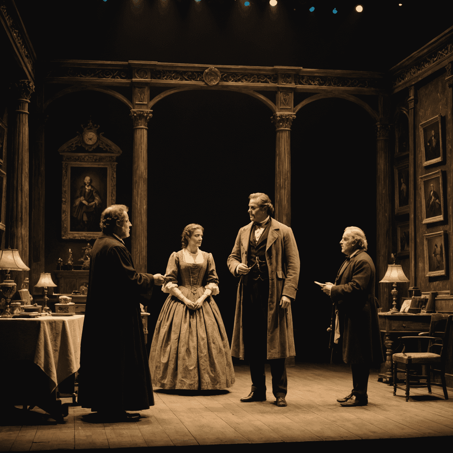 A dramatic scene from 'The Whisper of Time' play, showing actors in period costumes on a dimly lit stage with intricate set design.