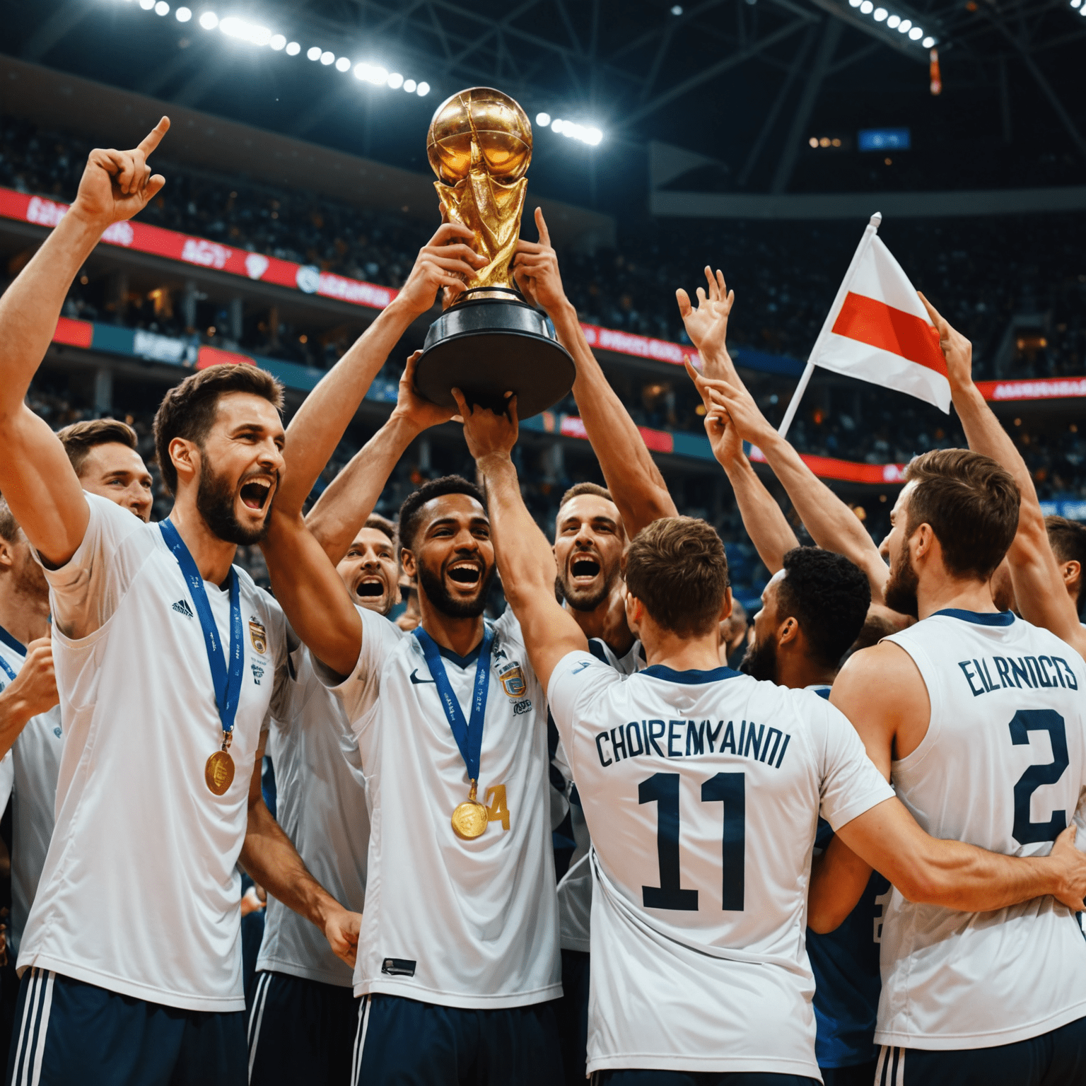 Basketball team celebrating on court after winning World Cup, holding trophy and national flag