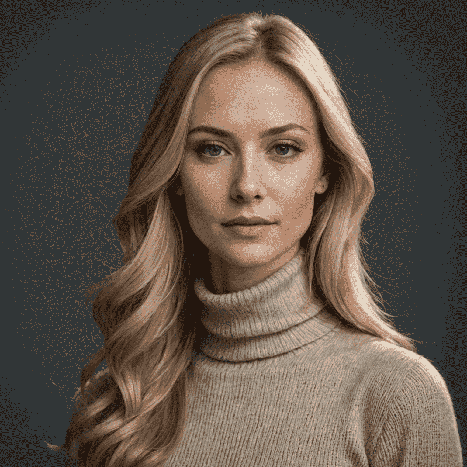 Portrait of Tech Editor Olga Smirnova, a woman in her late 20s with long blonde hair, wearing a stylish turtleneck