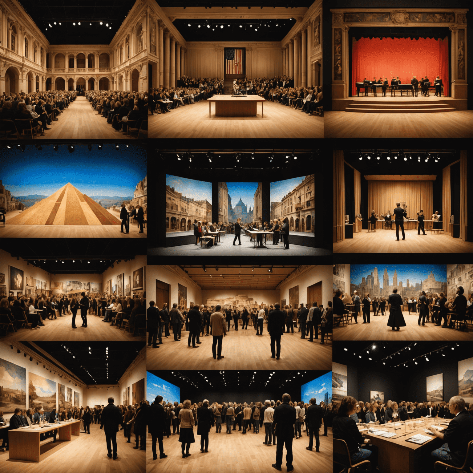 Collage of art exhibitions, theater performances, and concert scenes