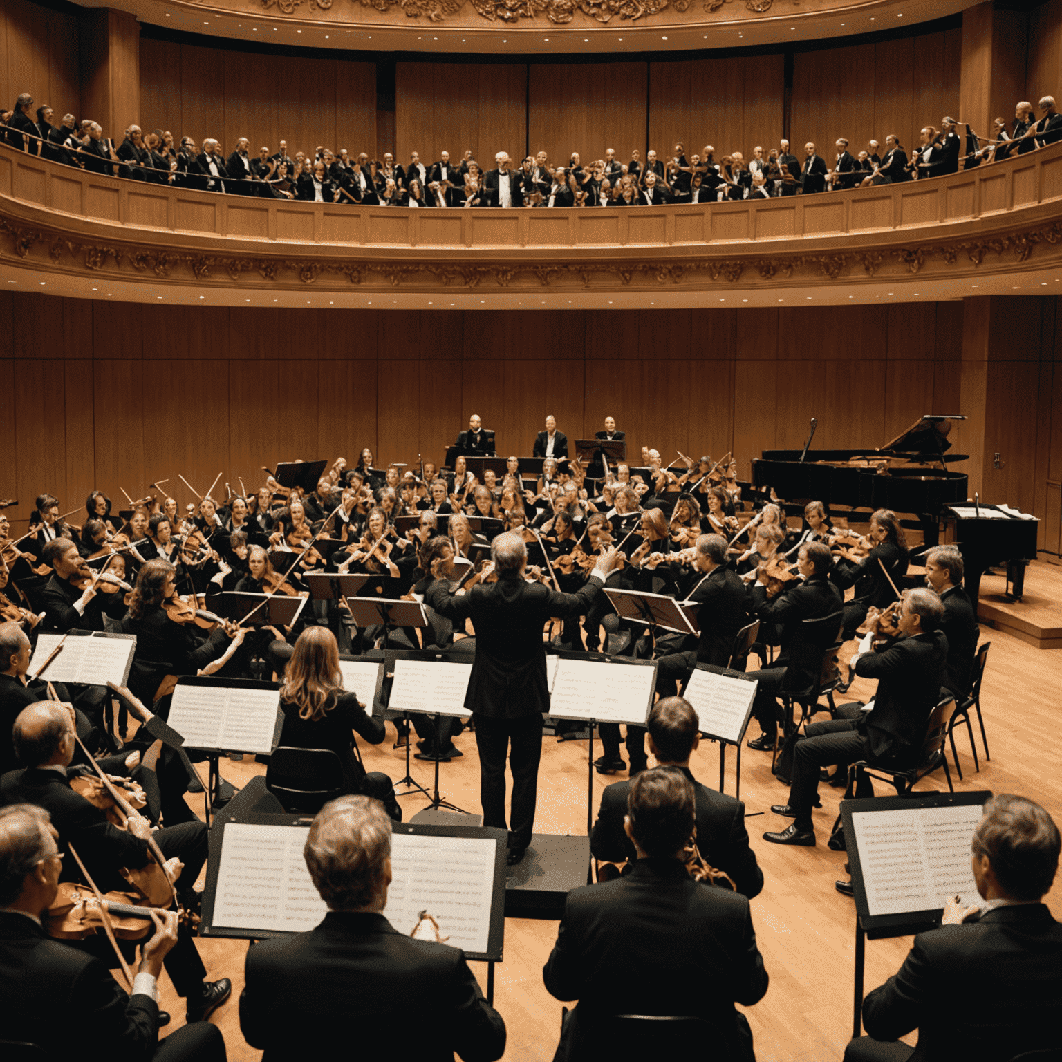 The MBH Symphony Orchestra performing in a grand concert hall. The conductor is seen leading the musicians with passion.