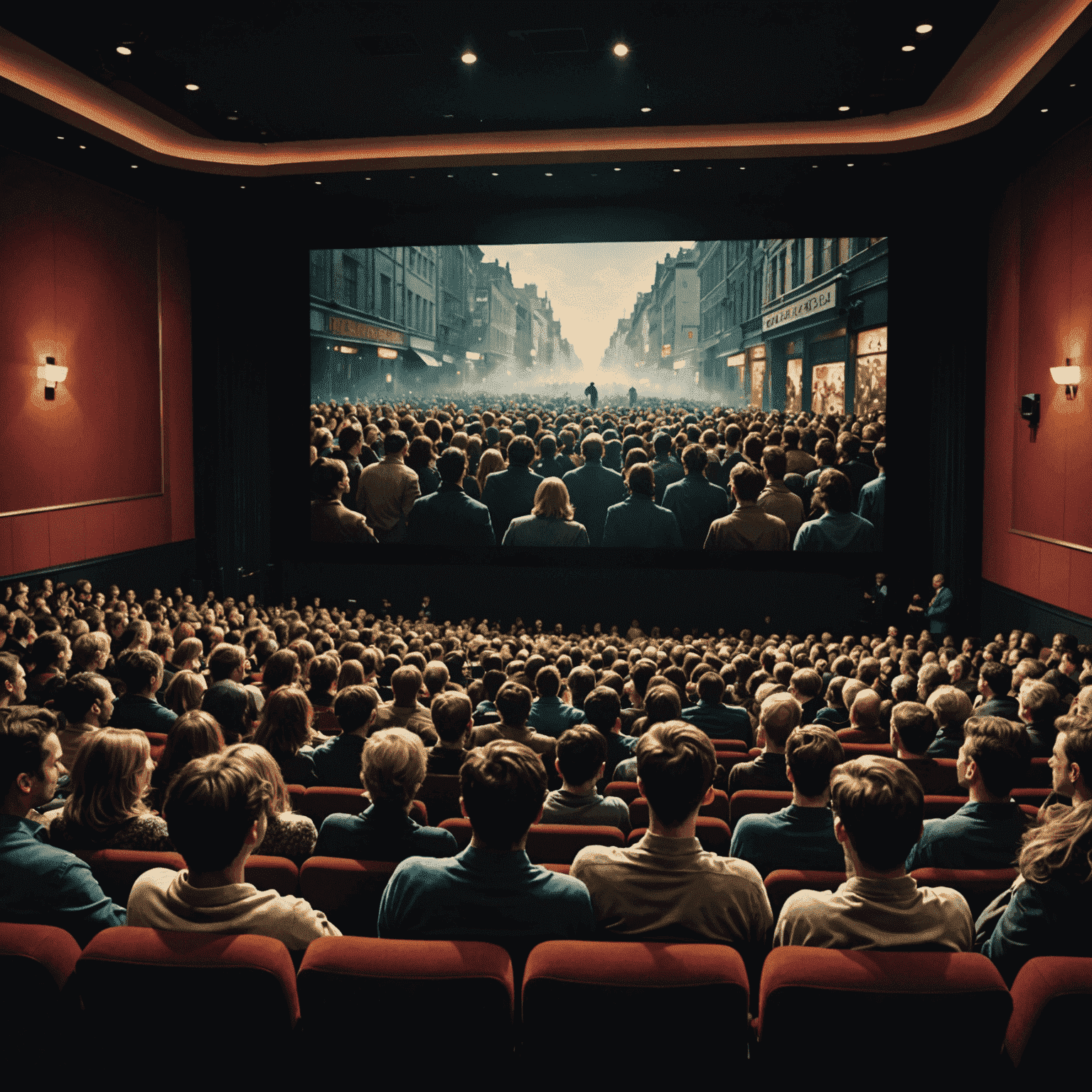 A crowded cinema with a diverse audience watching a film. The screen shows a scene from an artistic foreign film.