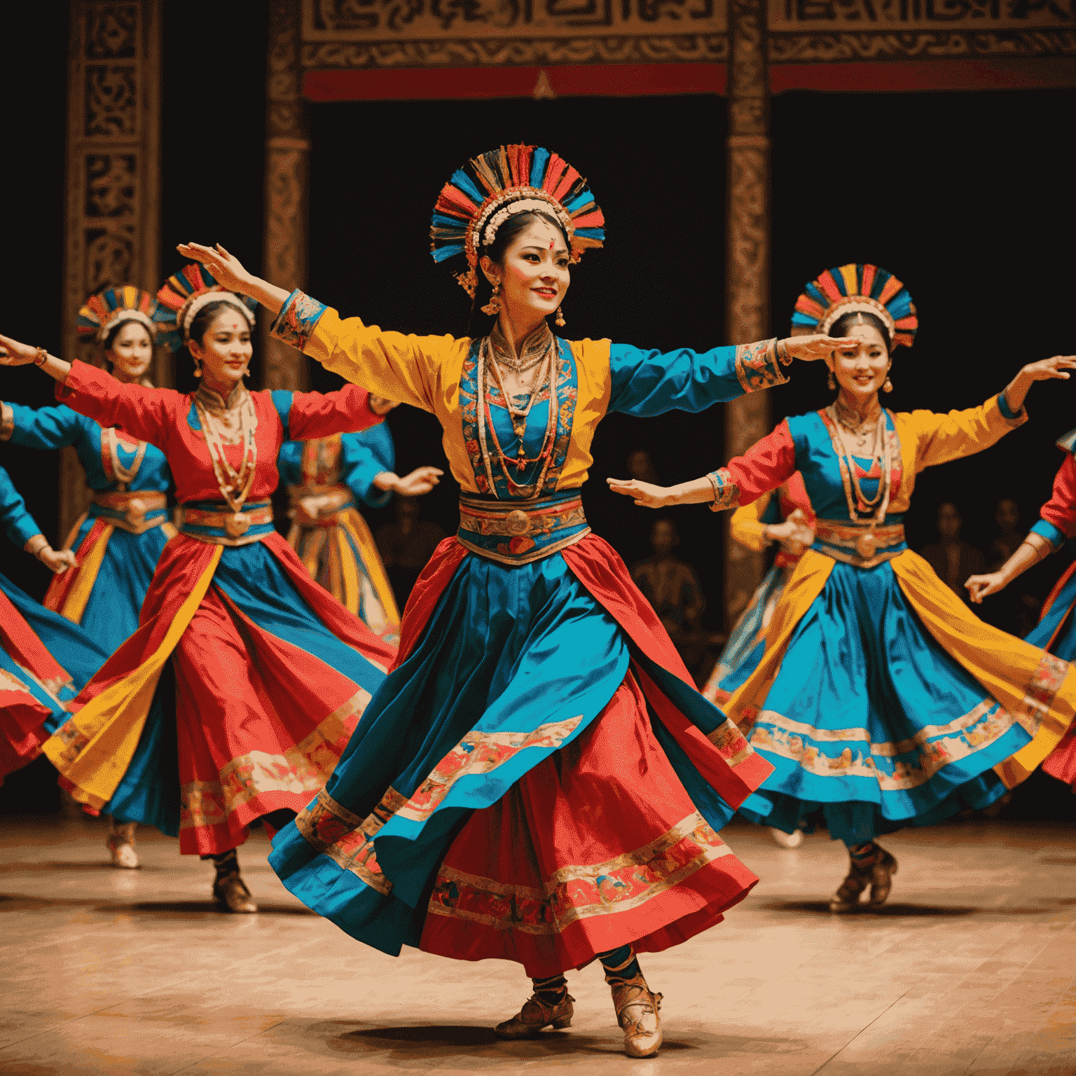 A colorful and dynamic dance performance featuring dancers in traditional costumes from various cultures.